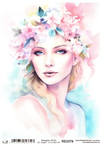 Josys Bastelmärchen Reispapier A4 Strohseide Decoupage Mädchen Frau Wasserfarben Blumen RE2379 von Josys Bastelmärchen