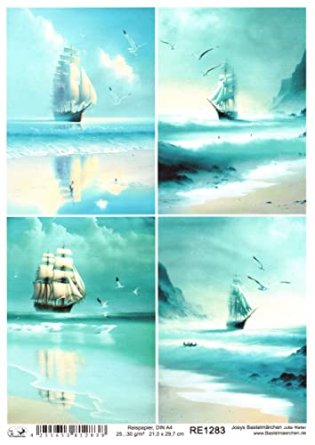 Josys Bastelmärchen Reispapier A4 Strohseide Decoupage Möwe Strand Segelschiff Meer See RE1283 von Josys Bastelmärchen