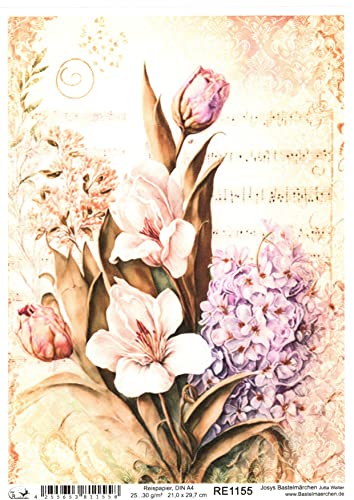 Josys Bastelmärchen Reispapier A4 Strohseide Decoupage Motiv Vintage Blumen Notenblatt RE1155 von Josys Bastelmärchen