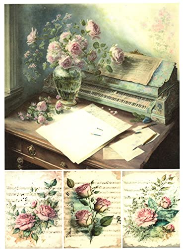 Josys Bastelmärchen Reispapier A4 Strohseide Decoupage Noten Rosen Vintage Musik Vase RE1141 von Josys Bastelmärchen