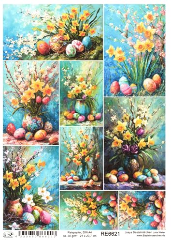 Josys Bastelmärchen Reispapier A4 Strohseide Decoupage Ostern Bunte Ostereier Blumen RE6621 von Josys Bastelmärchen