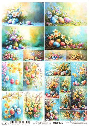 Josys Bastelmärchen Reispapier A4 Strohseide Decoupage Ostern Bunte Ostereier Blumen RE6632 von Josys Bastelmärchen