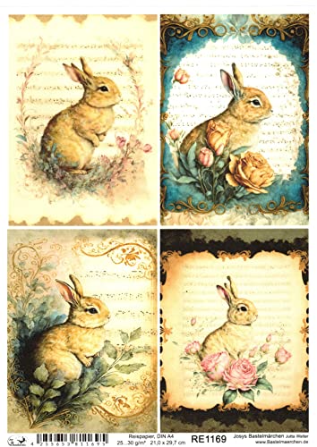 Josys Bastelmärchen Reispapier A4 Strohseide Decoupage Ostern Notenblatt Hase Blumen RE1169 von Josys Bastelmärchen