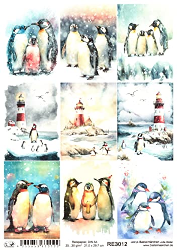 Josys Bastelmärchen Reispapier A4 Strohseide Decoupage Pinguine Schnee Leuchtturm Weihnachten RE3012 von Josys Bastelmärchen