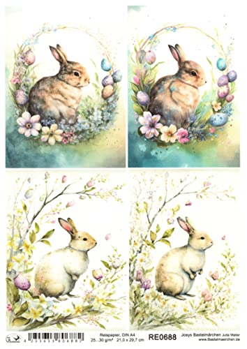 Josys Bastelmärchen Reispapier A4 Strohseide Decoupage Serviertent. Ostern Hasen Blumen Eier RE0688 von Josys Bastelmärchen