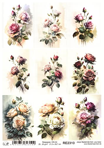 Josys Bastelmärchen Reispapier A4 Strohseide Decoupage Serviertentechnik Blumen Rosen RE2310 von Josys Bastelmärchen