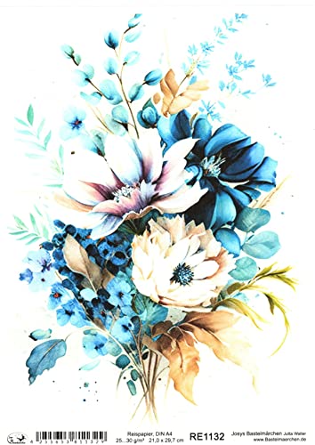 Josys Bastelmärchen Reispapier A4 Strohseide Decoupage Serviertentechnik Blumenstrauß blau RE1132 von Josys Bastelmärchen