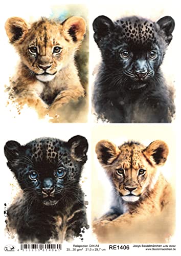 Josys Bastelmärchen Reispapier A4 Strohseide Decoupage Serviertentechnik Löwen- Panter-Baby RE1406 von Josys Bastelmärchen