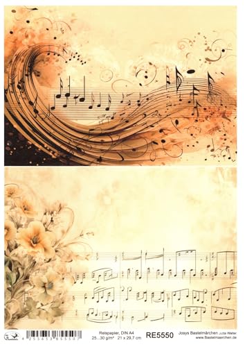 Josys Bastelmärchen Reispapier A4 Strohseide Decoupage Serviertentechnik Noten Blumen RE5550 von Josys Bastelmärchen