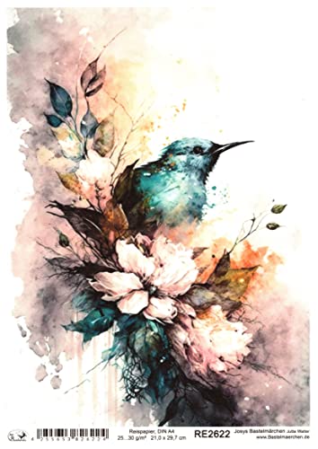 Josys Bastelmärchen Reispapier A4 Strohseide Decoupage Serviertentechnik Vintage Blumen Vogel RE2622 von Josys Bastelmärchen