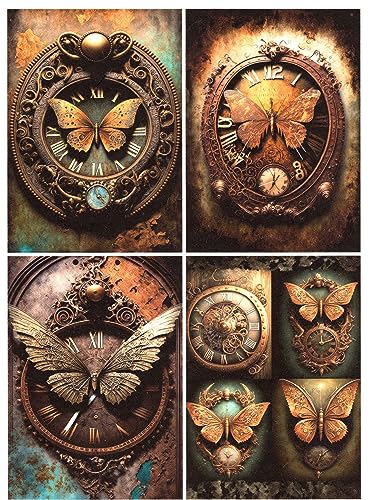 Josys Bastelmärchen Reispapier A4 Strohseide Decoupage Steam Punk Uhr Schmetterling RE1060 von Josys Bastelmärchen