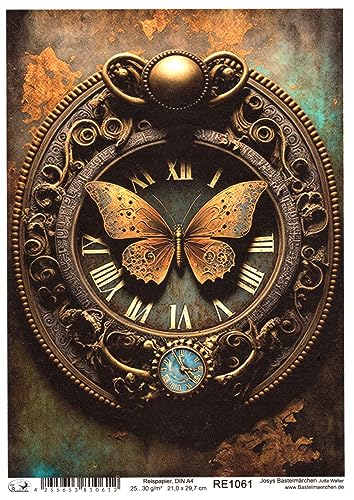 Josys Bastelmärchen Reispapier A4 Strohseide Decoupage Steam Punk Uhr Schmetterling RE1061 von Josys Bastelmärchen