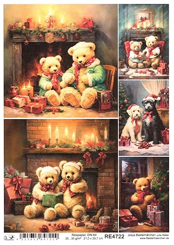 Josys Bastelmärchen Reispapier A4 Strohseide Decoupage Teddy Bär Weihnachten Kamin RE4722 von Josys Bastelmärchen