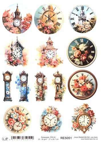 Josys Bastelmärchen Reispapier A4 Strohseide Decoupage Vintage Blumen Uhr Standuhr Wanduhr RE5051 von Josys Bastelmärchen
