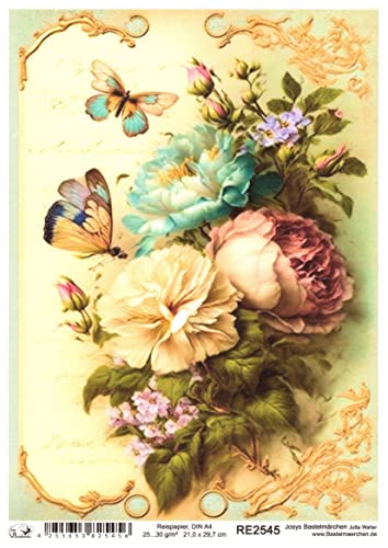 Josys Bastelmärchen Reispapier A4 Strohseide Decoupage Vintage Brief Blumen Schmetterling RE2545 von Josys Bastelmärchen