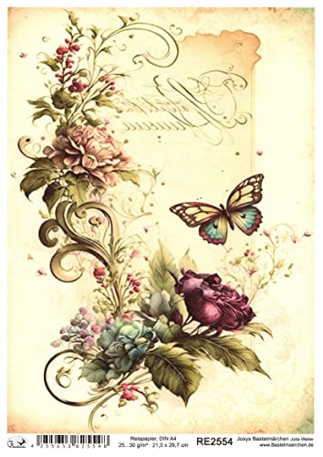 Josys Bastelmärchen Reispapier A4 Strohseide Decoupage Vintage Brief Blumen Schmetterling RE2554 von Josys Bastelmärchen