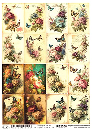 Josys Bastelmärchen Reispapier A4 Strohseide Decoupage Vintage Brief Blumen Schmetterling RE2558 von Josys Bastelmärchen