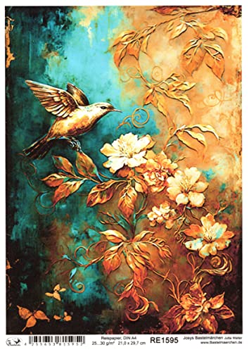 Josys Bastelmärchen Reispapier A4 Strohseide Decoupage Vintage Rost Gold Patina Blume Kolibri RE1595 von Josys Bastelmärchen