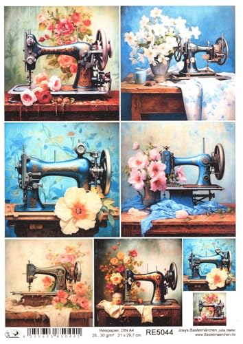 Josys Bastelmärchen Reispapier A4 Strohseide Decoupage Vintage alte Nähmaschine Blumen RE5044 von Josys Bastelmärchen