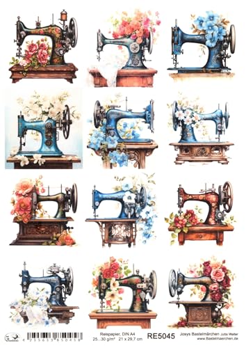 Josys Bastelmärchen Reispapier A4 Strohseide Decoupage Vintage alte Nähmaschine Blumen RE5045 von Josys Bastelmärchen