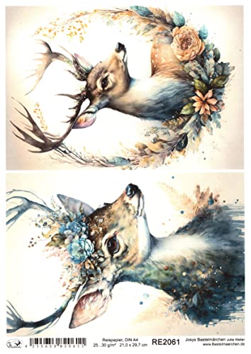 Josys Bastelmärchen Reispapier A4 Strohseide Decoupage Waldtiere Rehe Hirsch Kitz Blumen RE2061 von Josys Bastelmärchen