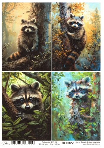 Josys Bastelmärchen Reispapier A4 Strohseide Decoupage Waschbär im Wald auf Baum RE6322 von Josys Bastelmärchen