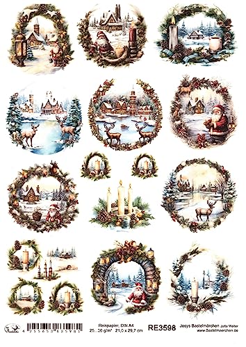 Josys Bastelmärchen Reispapier A4 Strohseide Decoupage Weihnachten Kranz Winterlandschaft RE3598 von Josys Bastelmärchen