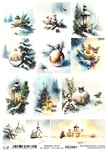 Josys Bastelmärchen Reispapier A4 Strohseide Decoupage Weihnachten Schnee Kugel Laterne RE2881 von Josys Bastelmärchen