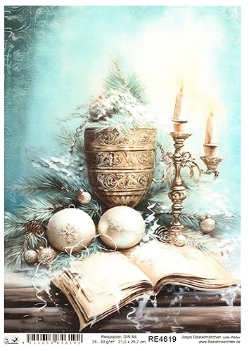 Josys Bastelmärchen Reispapier A4 Strohseide Decoupage Weihnachten Vintage Buch Kerzen Kugeln RE4619 von Josys Bastelmärchen