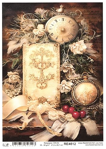 Josys Bastelmärchen Reispapier A4 Strohseide Decoupage Weihnachten Vintage Uhr Kirschen RE4612 von Josys Bastelmärchen