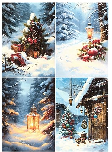 Josys Bastelmärchen Reispapier A4 Strohseide Decoupage Weihnachten Wald Laterne Hütte Baum RE3930 von Josys Bastelmärchen