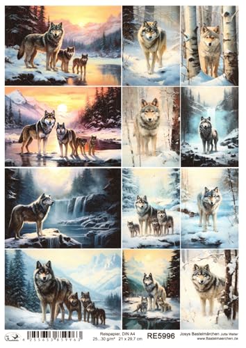 Josys Bastelmärchen Reispapier A4 Strohseide Decoupage Wolf Wölfe Winterlandschaft See RE5996 von Josys Bastelmärchen