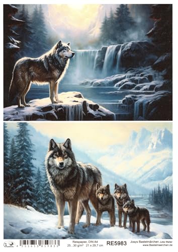 Josys Bastelmärchen Reispapier A4 Strohseide Decoupage Wolf Wölfe Winterlandschaft Wasserfall RE5983 von Josys Bastelmärchen