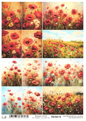 Josys Bastelmärchen Reispapier A4 Strohseide Decoupage kleine Bilder Mohnblumen Mohn Blumen RE5618 von Josys Bastelmärchen