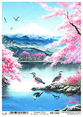 Josys Bastelmärchen Reispapier A4 Strohseide Fujiyama Fuji See Kirschblüte Japan Vögel RE1392 von Josys Bastelmärchen