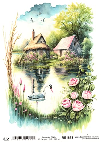 Josys Bastelmärchen Reispapier A4 Strohseide Landschaft See Blumen Sommer Schwan Haus RE1873 von Josys Bastelmärchen