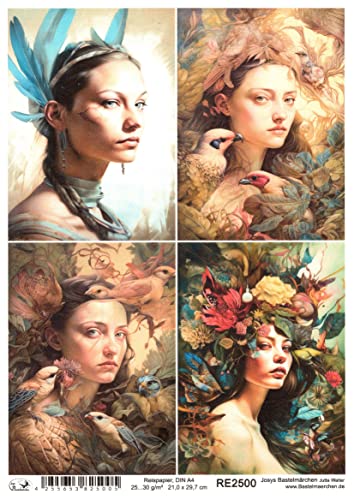 Josys Bastelmärchen Reispapier A4 Strohseide Mädchen Frau Portrait Malerei Blumen Vögel RE2500 von Josys Bastelmärchen