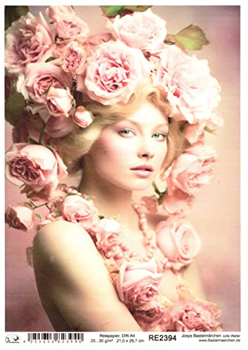 Josys Bastelmärchen Reispapier A4 Strohseide Mädchen Frau Portrait Malerei Vintage Blume Rose RE2394 von Josys Bastelmärchen