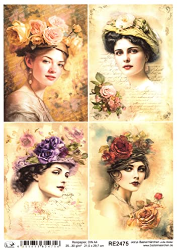 Josys Bastelmärchen Reispapier A4 Strohseide Mädchen Frau Portrait Malerei Vintage Blume Rose RE2475 von Josys Bastelmärchen