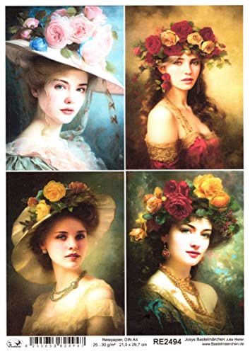 Josys Bastelmärchen Reispapier A4 Strohseide Mädchen Frau Portrait Malerei Vintage Blume Rose RE2494 von Josys Bastelmärchen