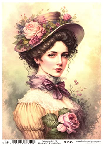 Josys Bastelmärchen Reispapier A4 Strohseide Mädchen Frau Wasserfarben Vintage Blumen Hut RE2350 von Josys Bastelmärchen