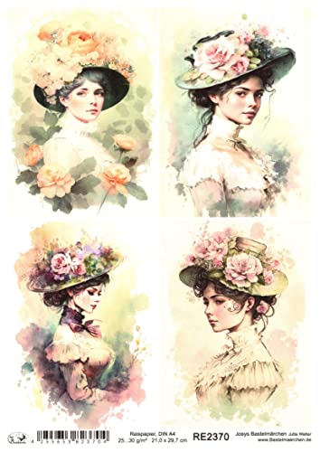 Josys Bastelmärchen Reispapier A4 Strohseide Mädchen Frau Wasserfarben Vintage Blumen Hut RE2370 von Josys Bastelmärchen