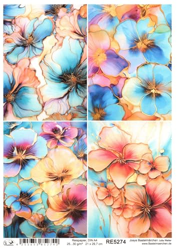 Josys Bastelmärchen Reispapier A4 Strohseide Motiv Bunte Blumen Goldrand Muster Hintergrund RE5274 von Josys Bastelmärchen