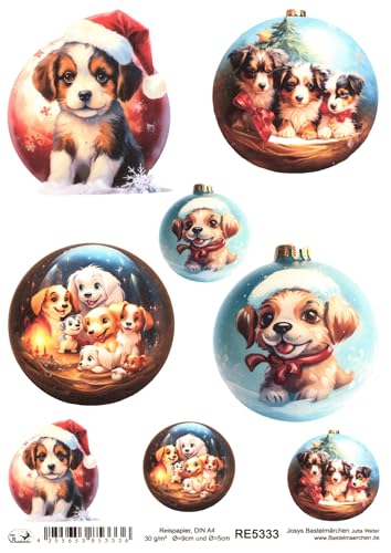 Josys Bastelmärchen Reispapier A4 Strohseide Motiv Weihnachtskugel 9cm 5cm Weihnachten Hunde RE5333 von Josys Bastelmärchen