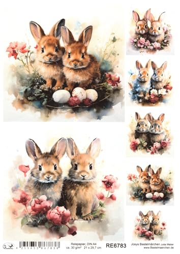 Josys Bastelmärchen Reispapier A4 Strohseide Ostern 2 Süße kleine Häschen Hasen Blumen RE6783 von Josys Bastelmärchen