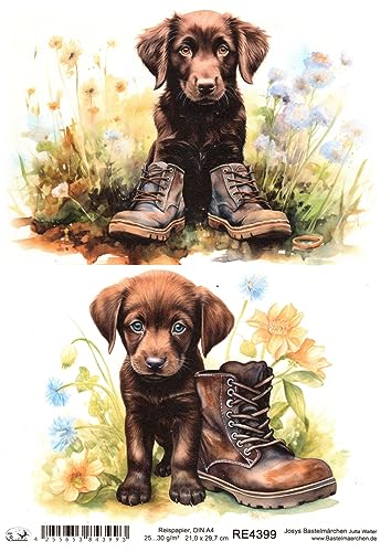 Josys Bastelmärchen Reispapier A4 Strohseide Retriever Welpe Hund mit Stiefel auf Blumenwiese RE4399 von Josys Bastelmärchen