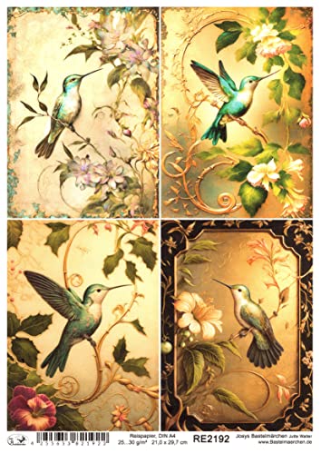 Josys Bastelmärchen Reispapier A4 Strohseide Vintage Gold Patina Blumen Kolibri Shabby RE2192 von Josys Bastelmärchen