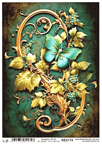 Josys Bastelmärchen Reispapier A4 Strohseide Vintage Gold Patina Blumen Schmetterling Shabby RE2174 von Josys Bastelmärchen