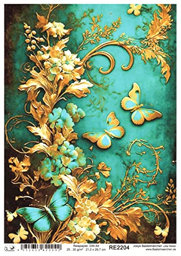 Josys Bastelmärchen Reispapier A4 Strohseide Vintage Gold Patina Blumen Schmetterling Shabby RE2204 von Josys Bastelmärchen