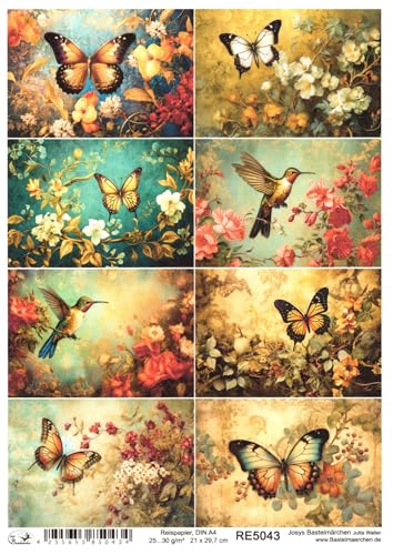 Josys Bastelmärchen Reispapier A4 Strohseide Vintage Muster Gold Schmetterling Kolibri Blumen RE5043 von Josys Bastelmärchen